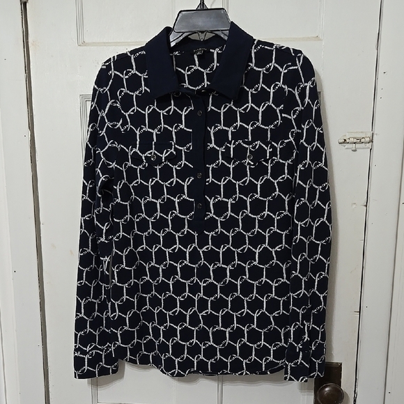 Talbots Navy and White Patterned Polo Long Sleeved Shirt Womens Large - Picture 1 of 7